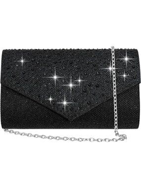 〽️ Women's Black Glitter Rhinestone Clutch Purse Chain Strap Evening Bag